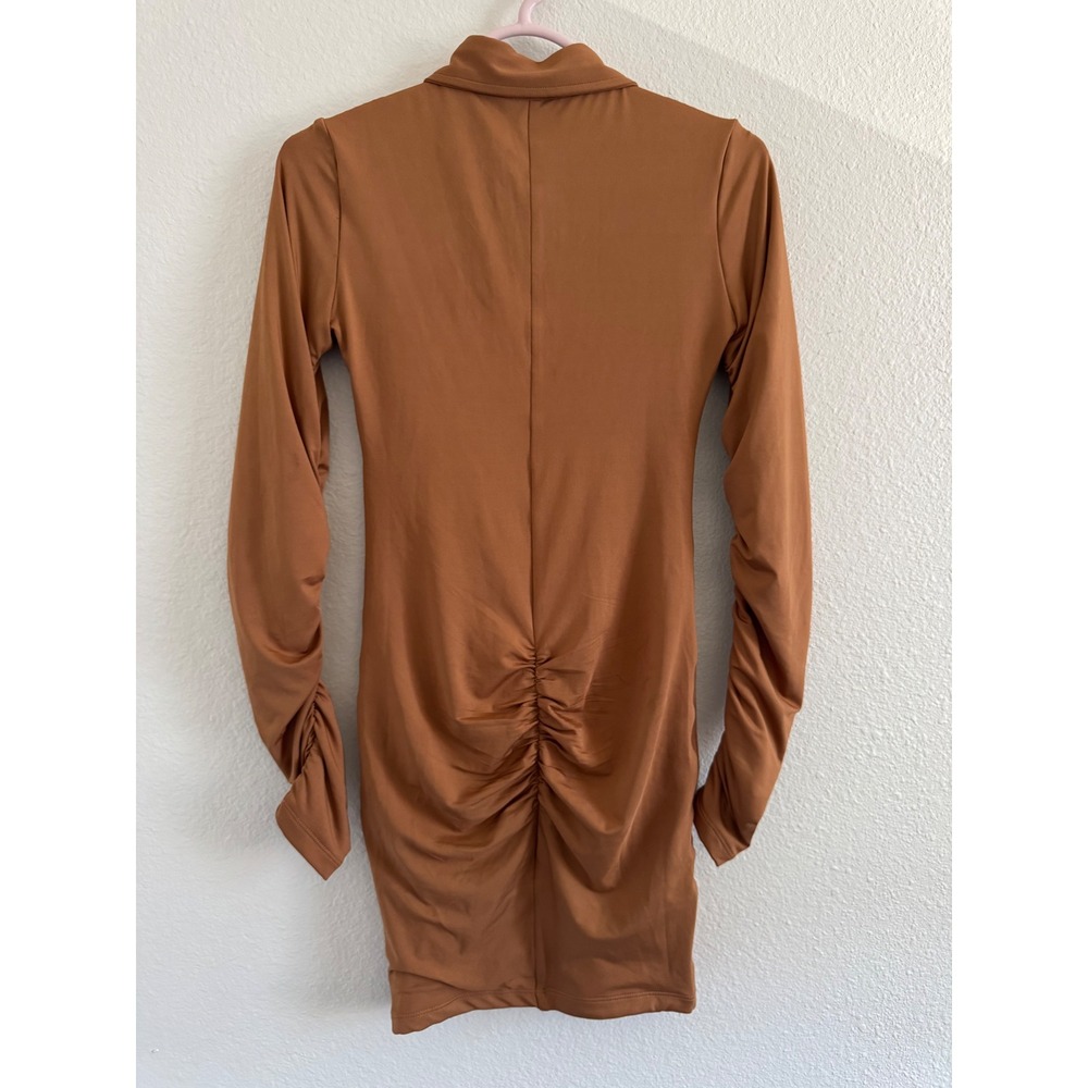 NWT L'EAU Berlin Button Up Mini Dress Chic Brown Ruched Long Sleeve Small Twee - Picture 3 of 10